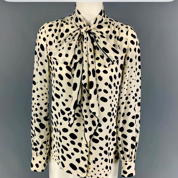Tops - Women's Blouse Black White Cow Print Like Design Size Large Bow Tie Neck Tie